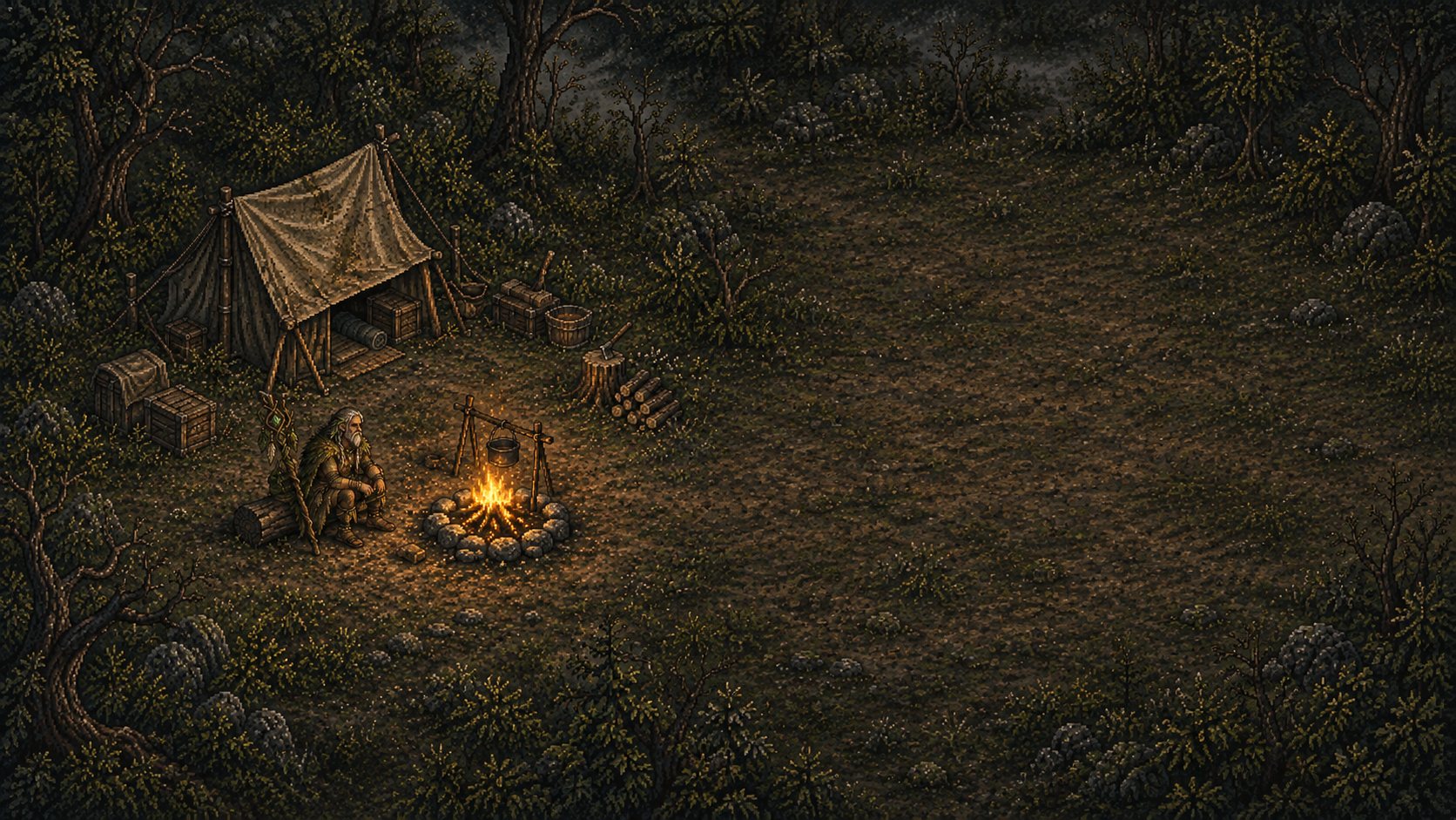 A lone grey-haired male Beastmaster sits beside a small fire, his staff nearby. A weathered tent and supplies occupy the left side of a dark mossy clearing; open ground stretches to the right.