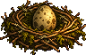 A speckled egg rests in a small twig and moss nest beside the tent.